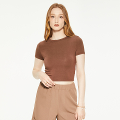 Brown round neck tight short sleeve blouse