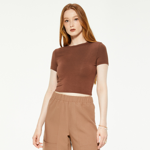 Brown round neck tight short sleeve blouse