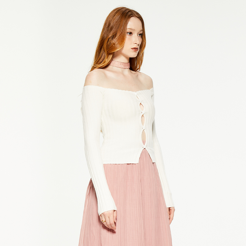 One-shoulder hollow knitted long-sleeved top