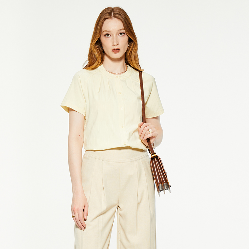 Casual round neck beige short-sleeved T-shirt
