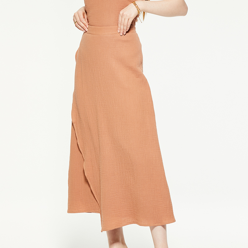 Peach wrap-effect chiffon midi skirt