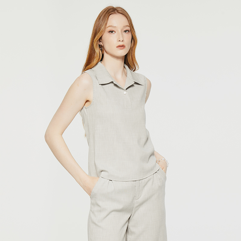 Solid Linen Shirt Collar Sleeveless Top