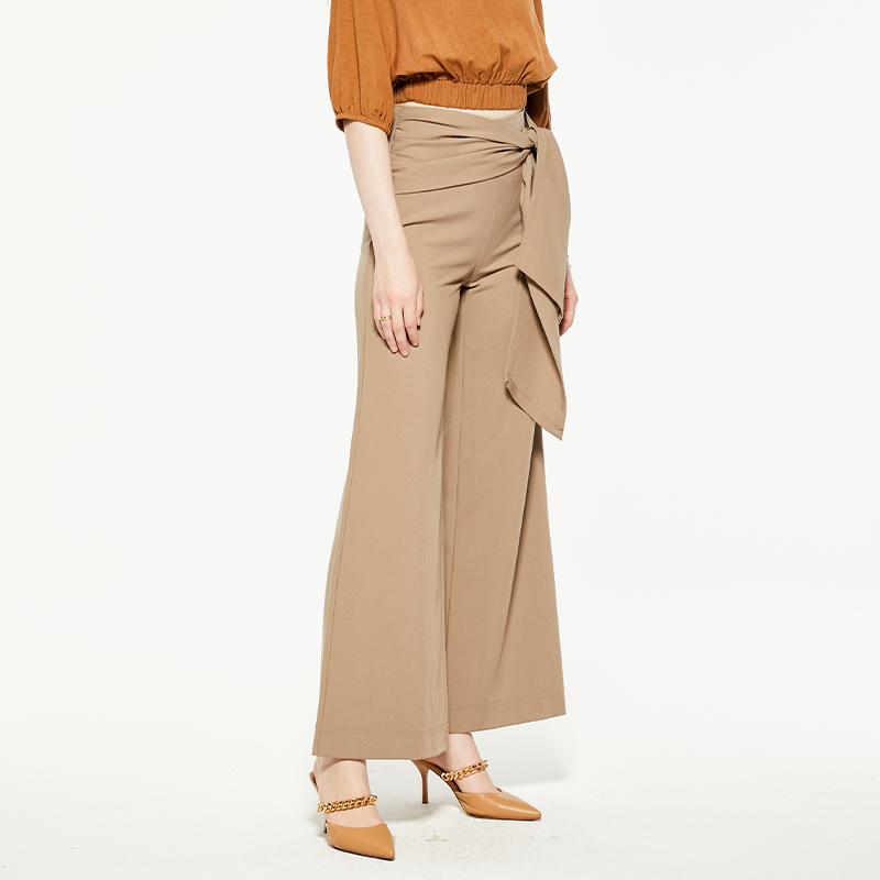 Brown Wrap Belt Wide Leg Pants