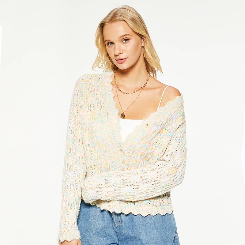 Cream Floral printed Textured Seasonal Knit Cardigan