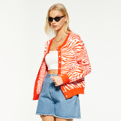 Zebra print crew neck button-down sweater