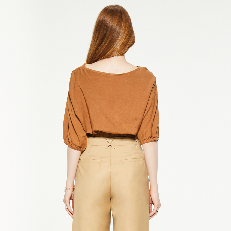 Retro round neck mid-sleeve crop top