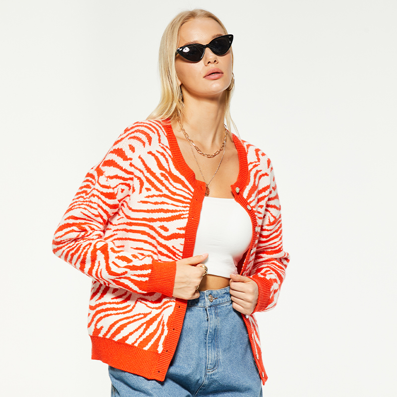 Zebra print crew neck button-down sweater
