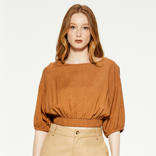 Retro round neck mid-sleeve crop top