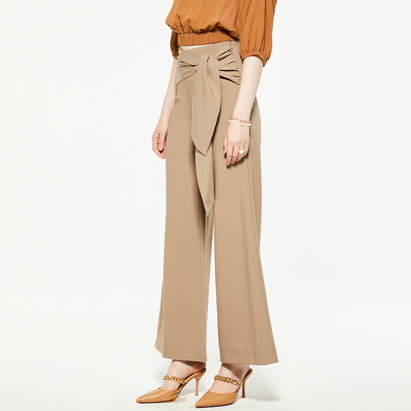 Brown Wrap Belt Wide Leg Pants