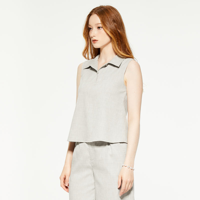 Solid Linen Shirt Collar Sleeveless Top