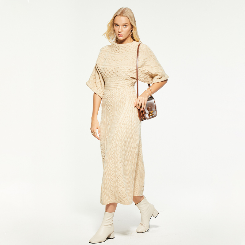 Artisanal Charm Boat Neck Cable Knit Dress