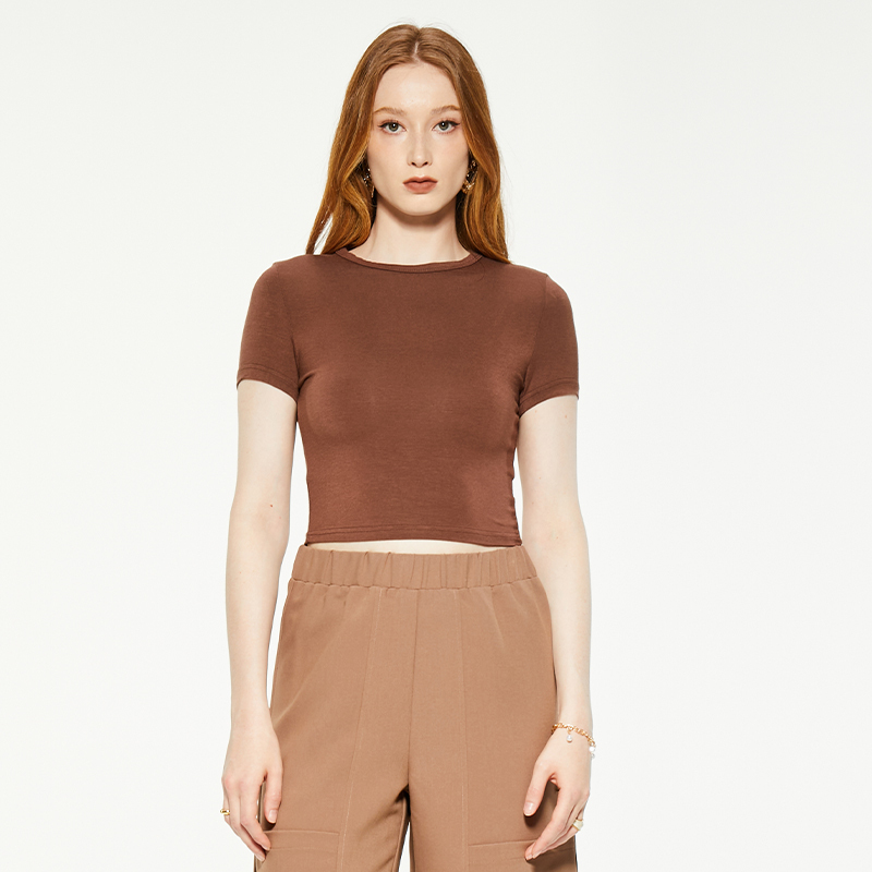 Brown round neck tight short sleeve blouse