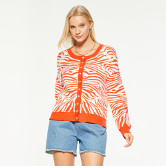 Zebra print crew neck button-down sweater
