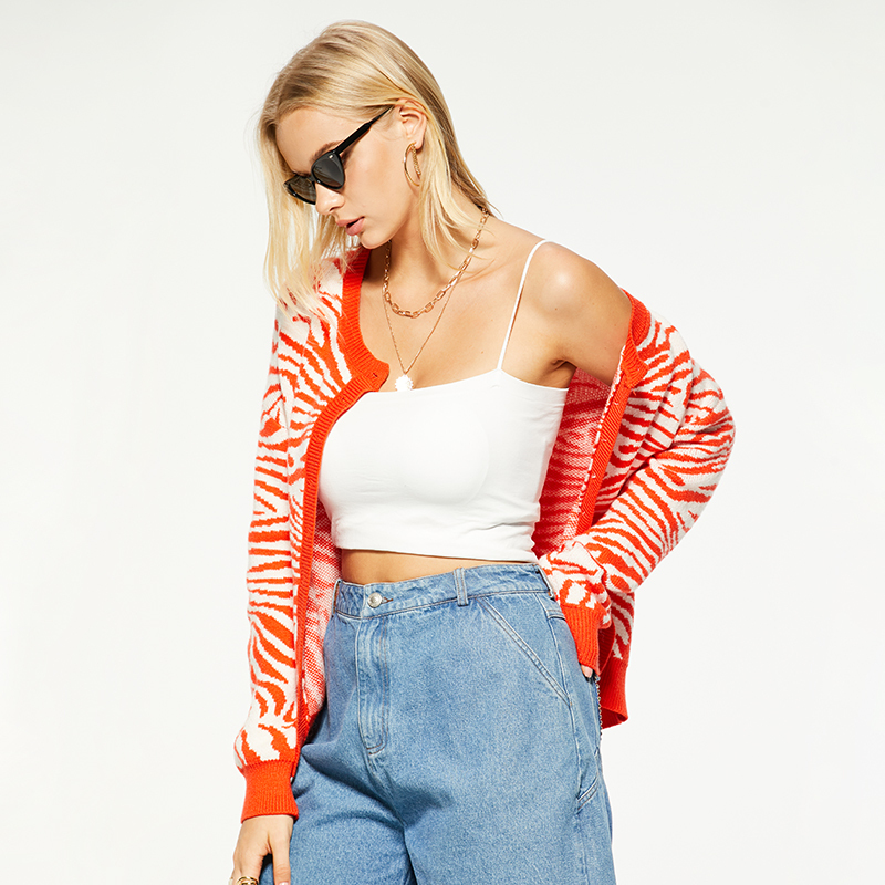Zebra print crew neck button-down sweater