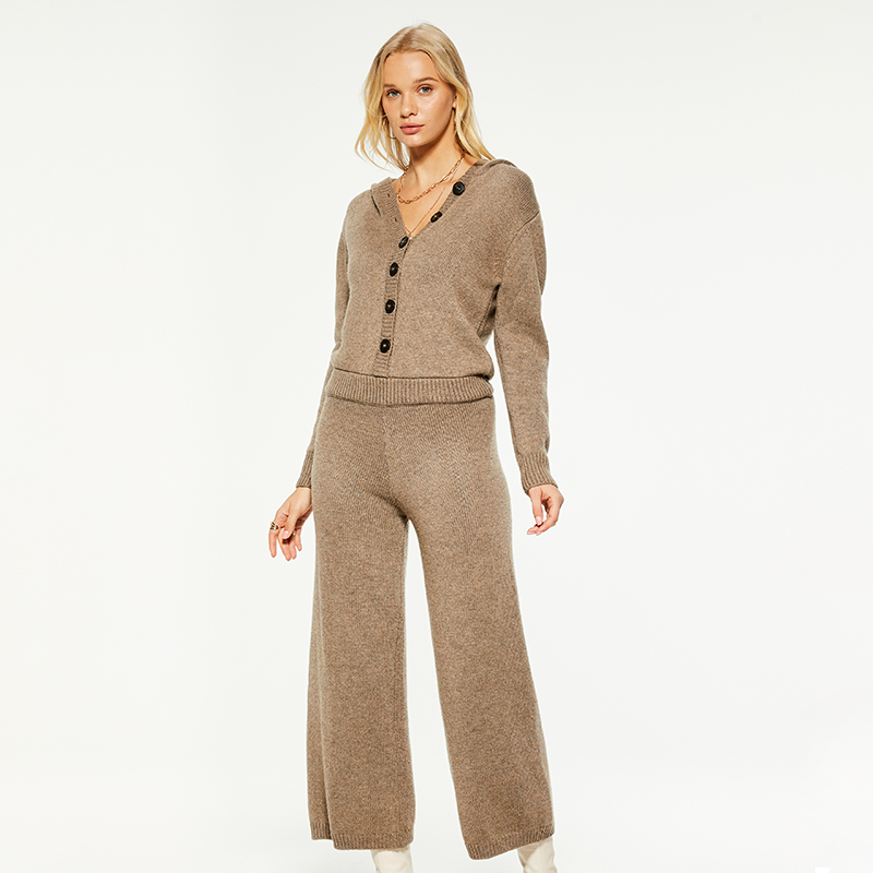 Brown Long Knit Wool Blend Hooded Jumpsuit