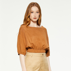 Retro round neck mid-sleeve crop top