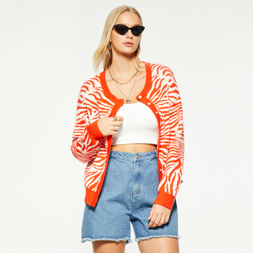 Zebra print crew neck button-down sweater