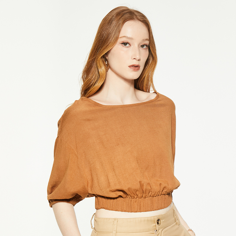 Retro round neck mid-sleeve crop top