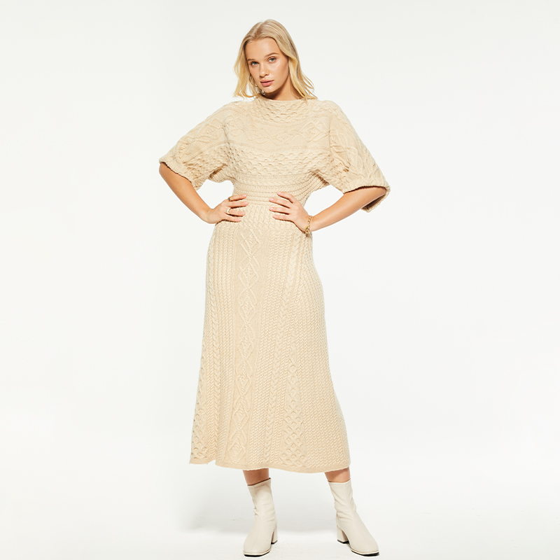 Artisanal Charm Boat Neck Cable Knit Dress