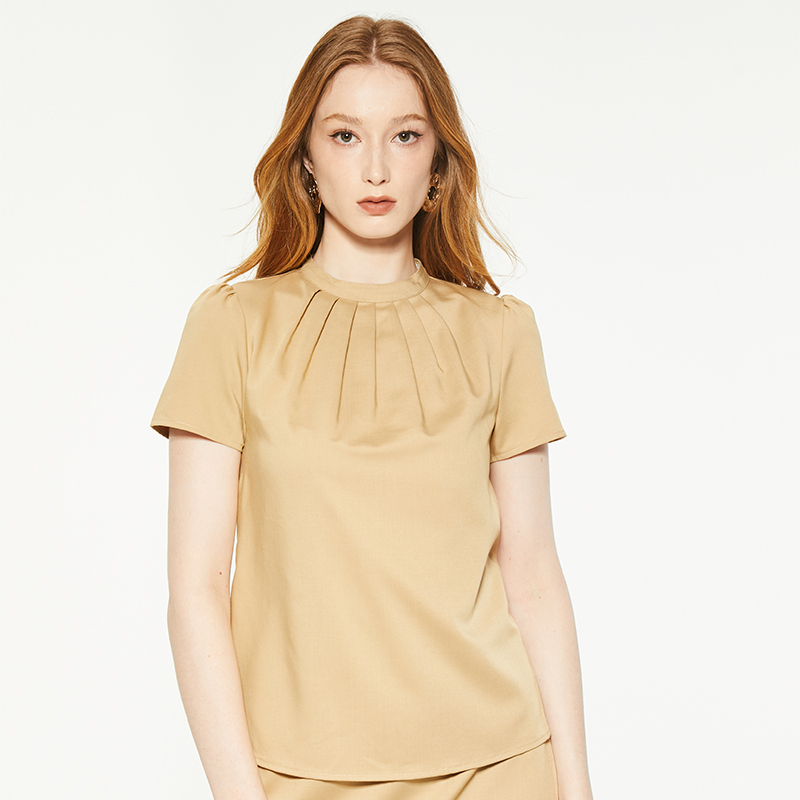 Summer solid color pleated front crew neck T-shirts