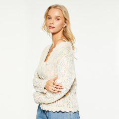Cream Floral printed Textured Seasonal Knit Cardigan