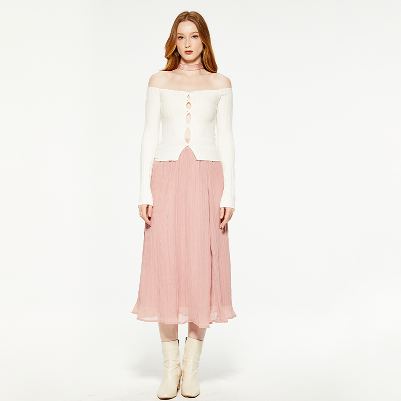 One-shoulder hollow knitted long-sleeved top
