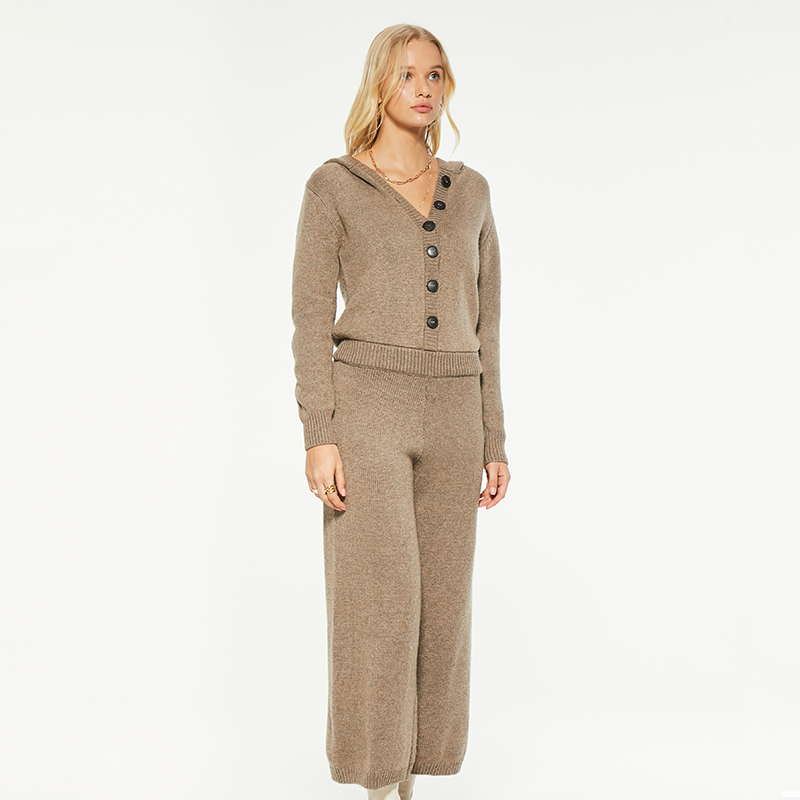 Brown Long Knit Wool Blend Hooded Jumpsuit