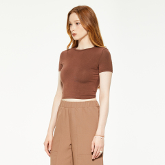 Brown round neck tight short sleeve blouse