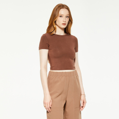 Brown round neck tight short sleeve blouse