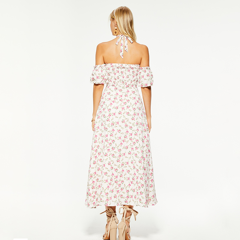 Resort halterneck puff sleeves backless maxi dress