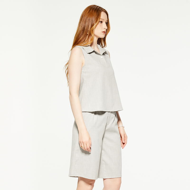 Solid Linen Shirt Collar Sleeveless Top