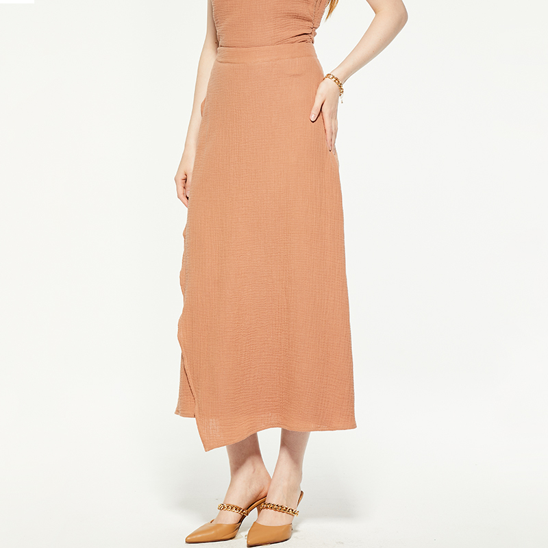 Peach wrap-effect chiffon midi skirt