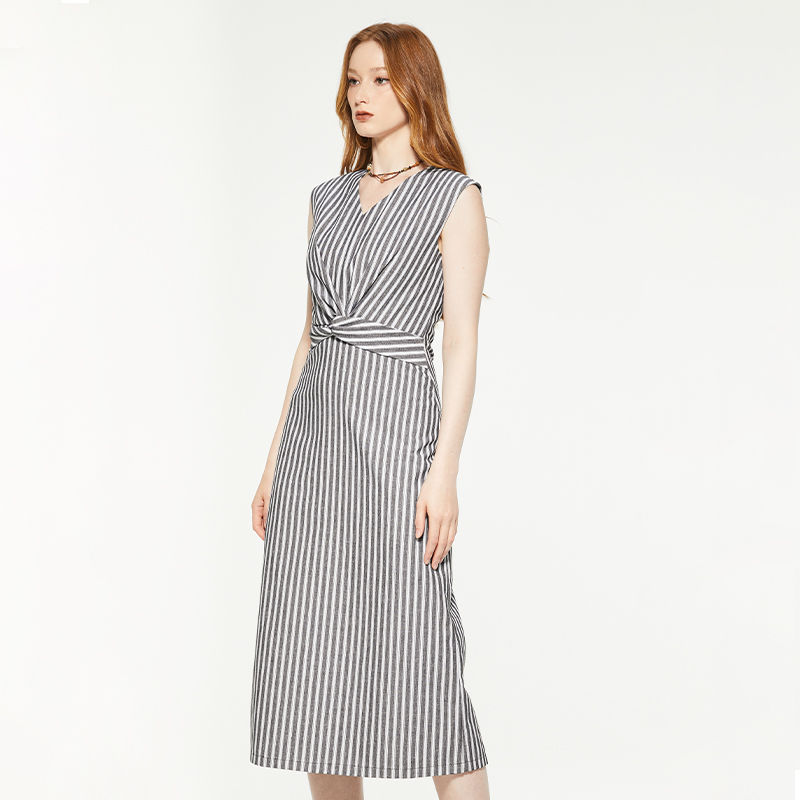 Elegant v-neck sleeveless striped knot dress