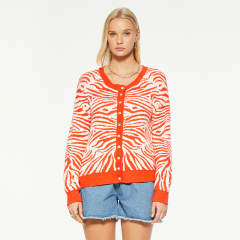 Zebra print crew neck button-down sweater