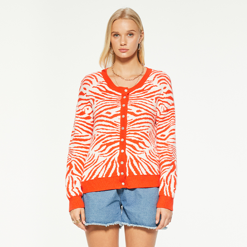 Zebra print crew neck button-down sweater