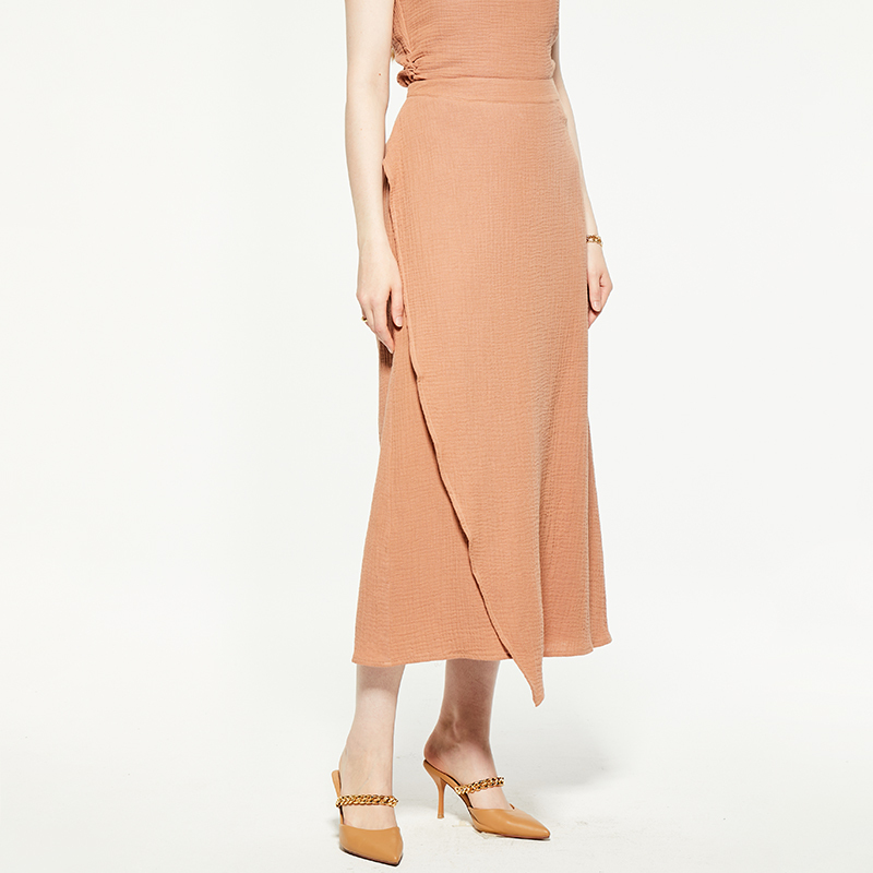 Peach wrap-effect chiffon midi skirt