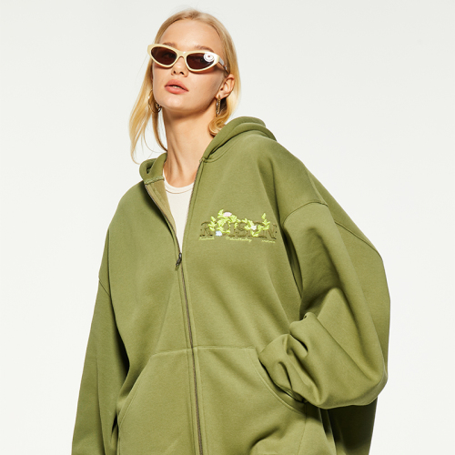 OEM casual loose printed zipper hooded sweatshirt