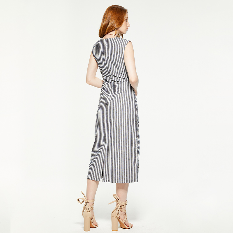 Elegant v-neck sleeveless striped knot dress