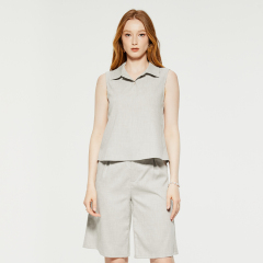 Solid Linen Shirt Collar Sleeveless Top