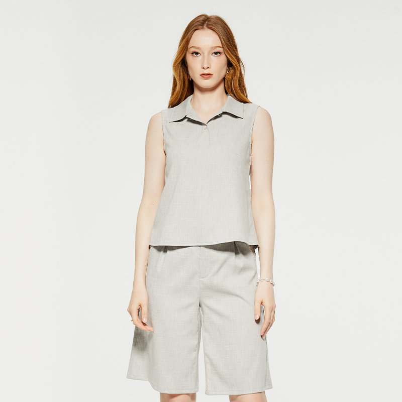 Solid Linen Shirt Collar Sleeveless Top