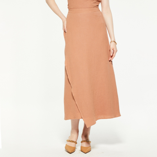 Peach wrap-effect chiffon midi skirt