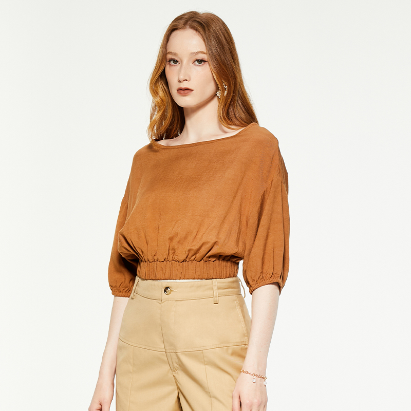 Retro round neck mid-sleeve crop top