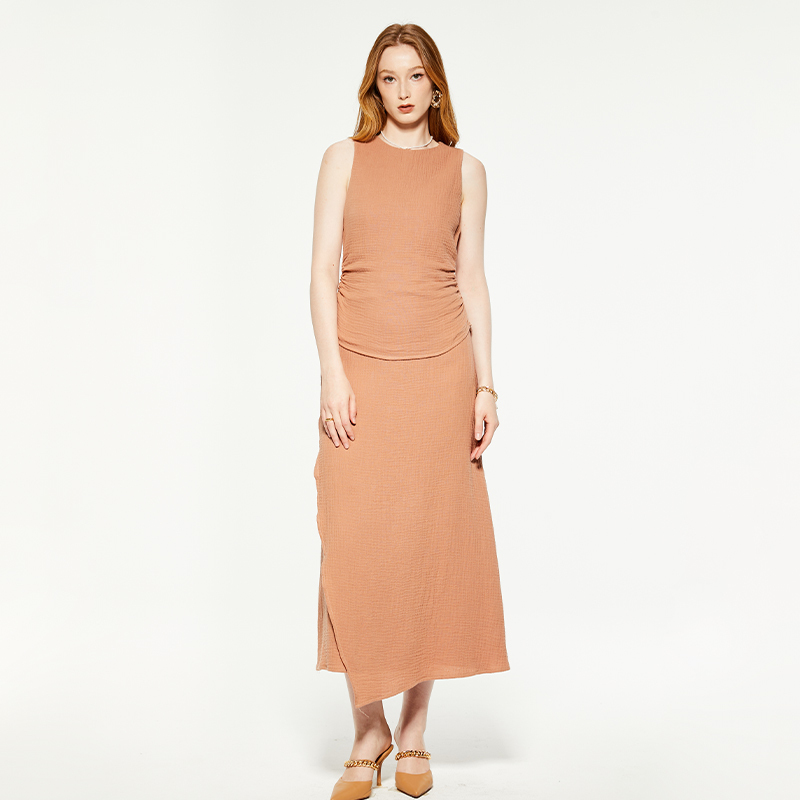 Round neck chiffon sleeveless drawstring top