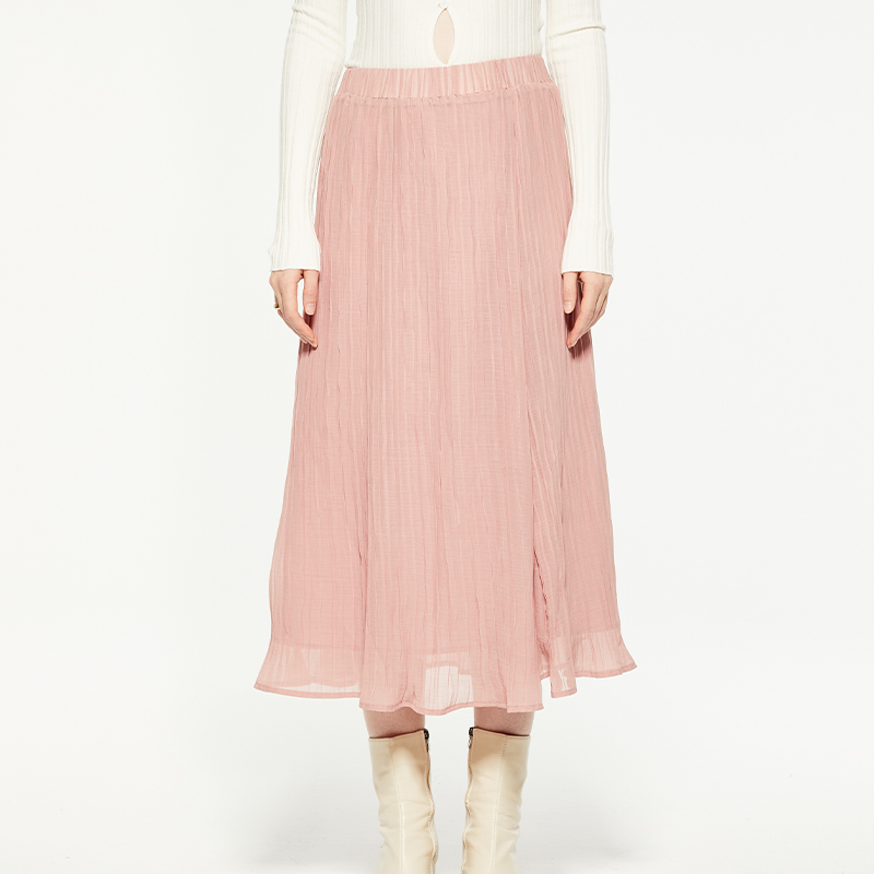 Pink fungus-trimmed chiffon midi skirt
