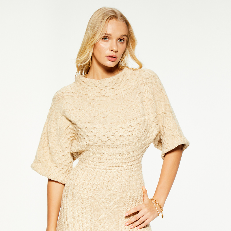 Artisanal Charm Boat Neck Cable Knit Dress