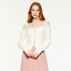 One-shoulder hollow knitted long-sleeved top