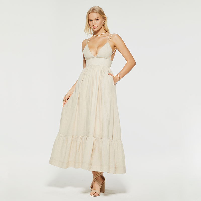 Resort style v-neck double strap backless suspender dress