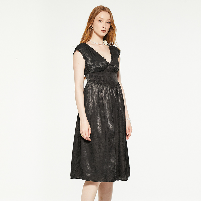Black vintage v-neck lace trim suede dress