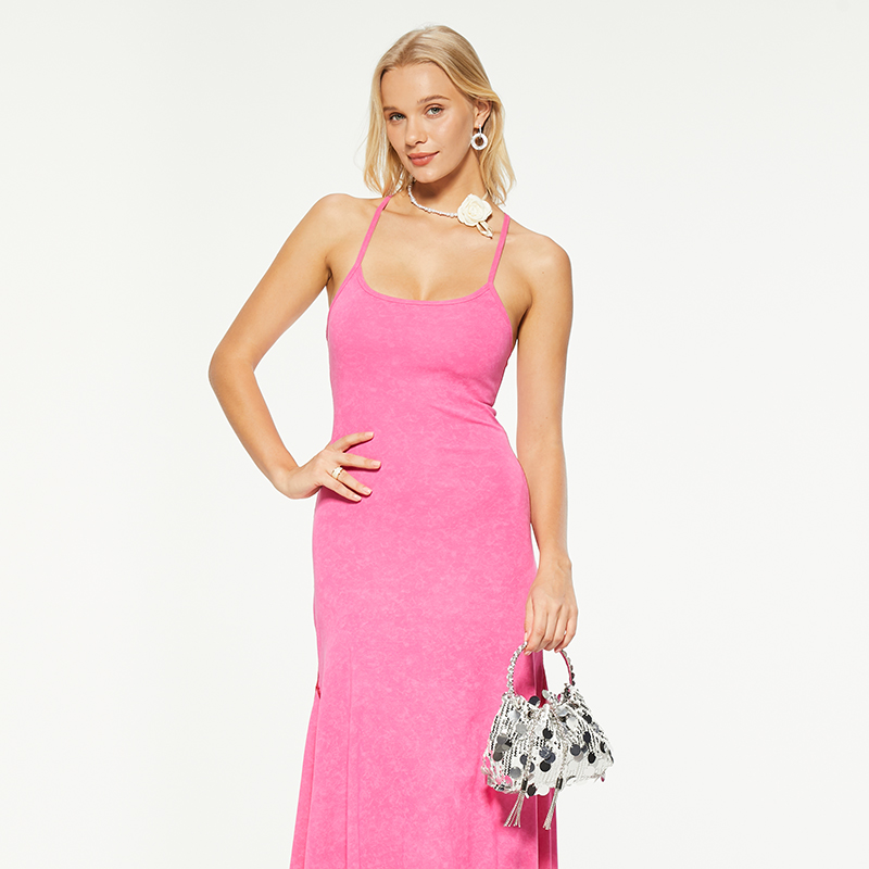Slim fit pink backless cotton suspender dress