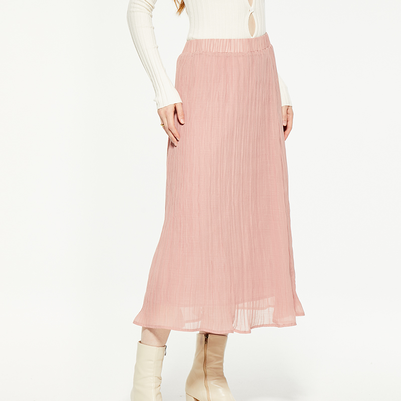 Pink fungus-trimmed chiffon midi skirt